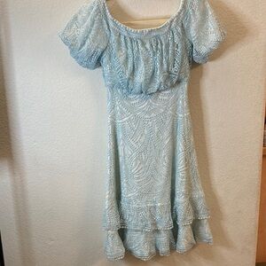Tadashi Shoji Light Blue Lace Midi evening Dress puff sleeves romantic feminine